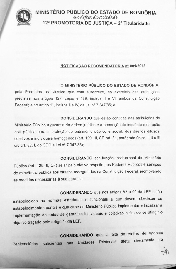 Veja a notificação recomendatória. - Ministério Público do Estado do